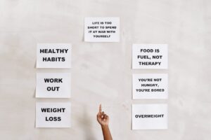 Hand Pointing on Wall Covered in Food Related Slogans