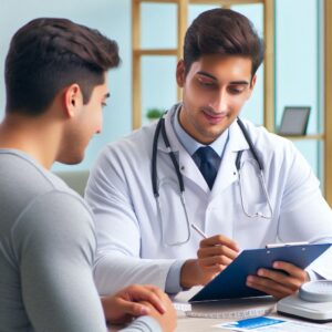 A nutritionist or doctor reviewing a weight loss program plan with a patient, emphasizing the importance of medical and scientific backing in weight management.