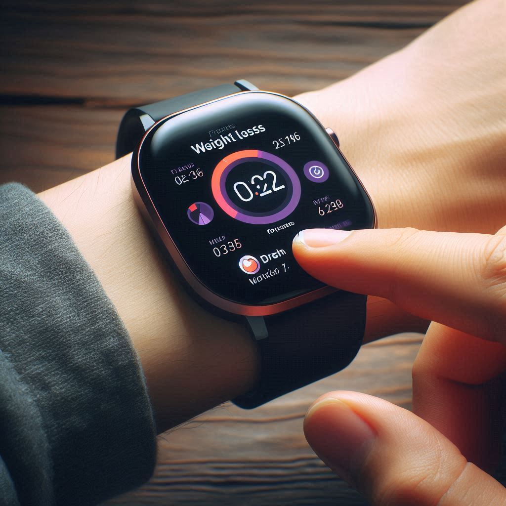 A fitness tracking app on a smartwatch displaying progress in weight loss goals, emphasizing the importance of monitoring results.