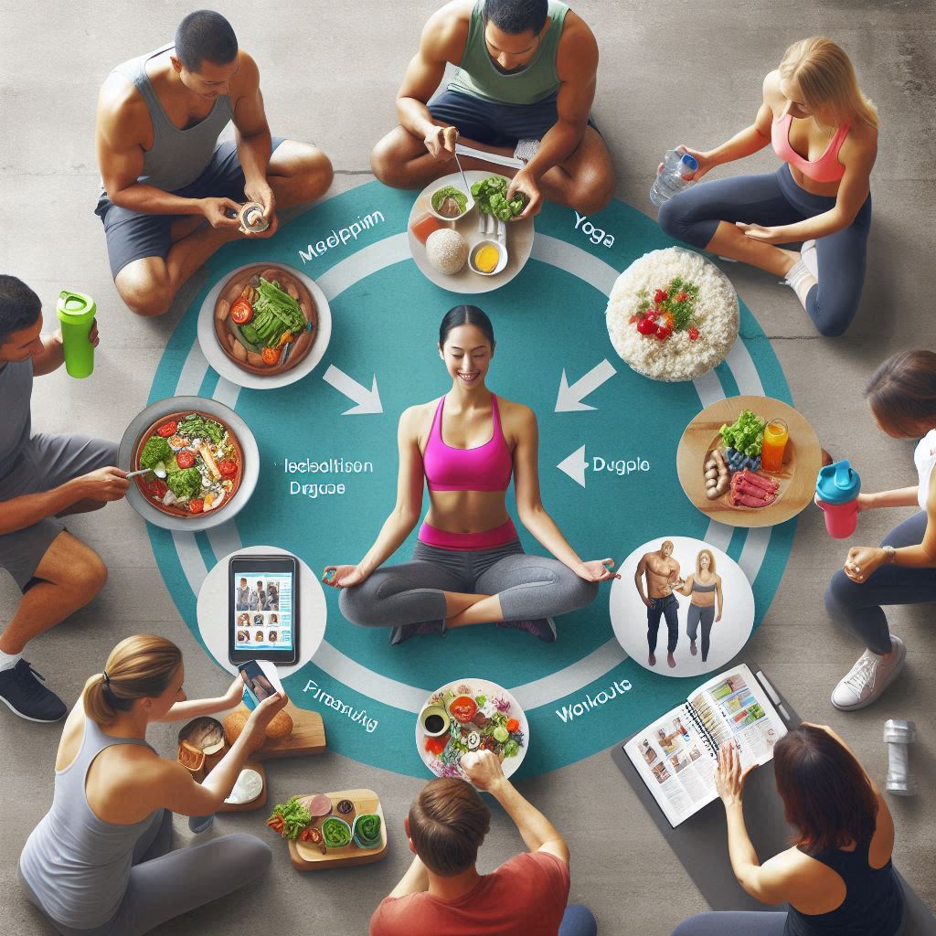 A diverse group of individuals engaging in different weight loss strategies—meal prepping, yoga, gym workouts—highlighting personalized fitness choices.