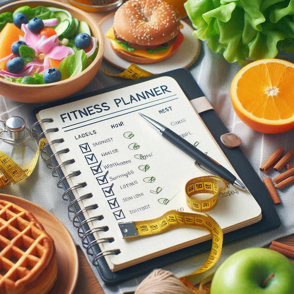 A fitness planner with weight loss goals written down, alongside a measuring tape and a nutritious meal, illustrating structured planning for effective weight loss.